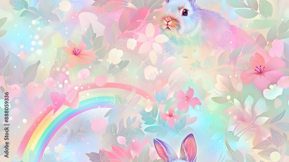 Glittering Rainbow Encircles Cheerful Digital Bunny Glittering Rainbow Encircles Cheerful Digital Bunny