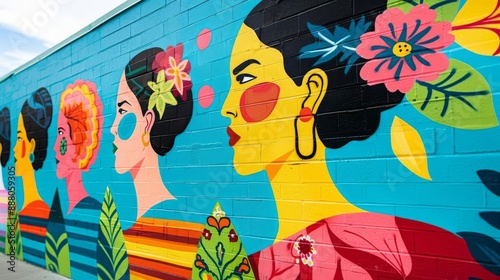 Vibrant mural depicting Hispanic cultural heritage with colorful patterns