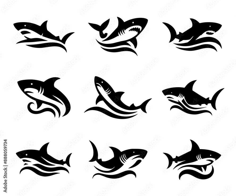 A set of shark logo silhouettes A set of shark logo silhouettes