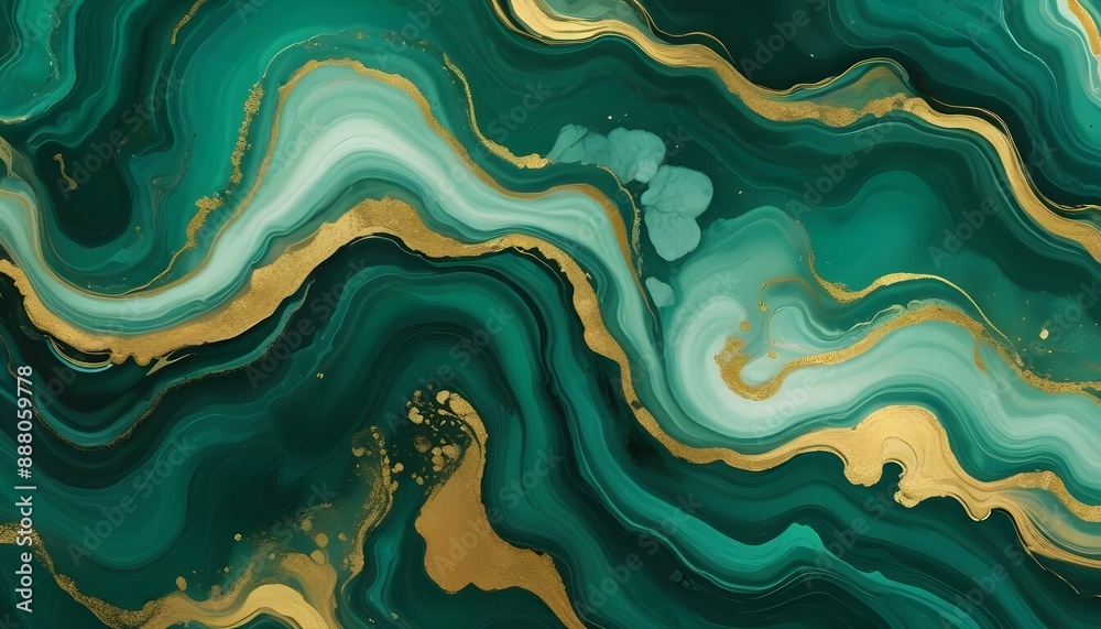 Abstract background with waves and golden lines blended with liquid green teal paint. Generative AI Abstract background with waves and golden lines blended with liquid green teal paint. Generative AI