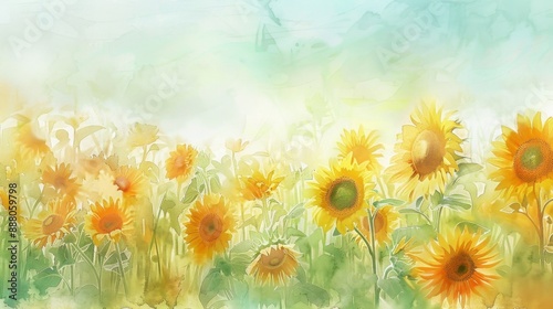 Watercolor Sunflowers in a Field.