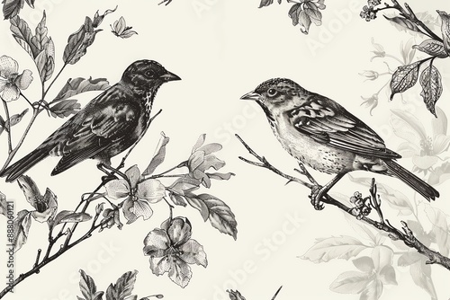 Two birds perched on branches with blooming flowers in a vintage black and white illustration.