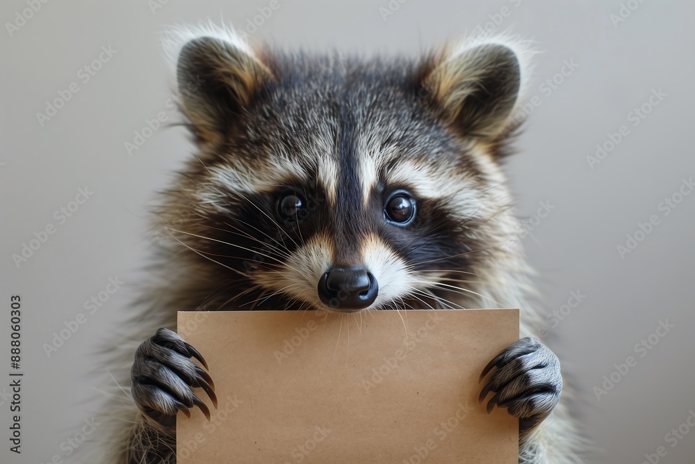 Photo small cute raccoon on white background holding a blank piece of paper, animal protection concept, animal keeping Photo small cute raccoon on white background holding a blank piece of paper, animal protection concept, animal keeping