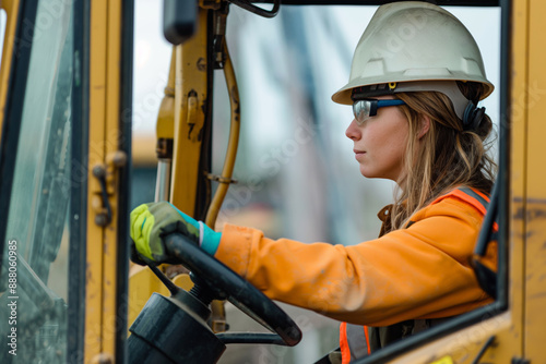A focused female construction worker is operating heavy machinery at a building site, wearing safety gear. Women's Equality Day, women on construction site, women on the work
