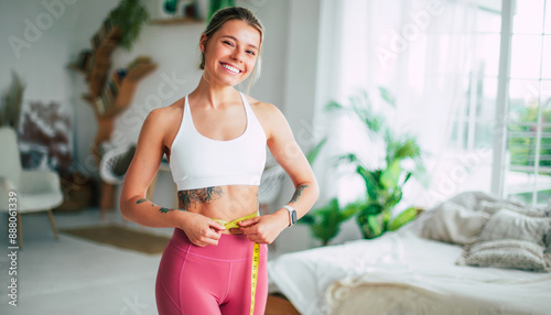 Young slim strong sporty athletic fitness trainer instructor woman in sportswear holds measure tape on waist training do exercises at home gym. Workout, sport, motivation. Female losing weight