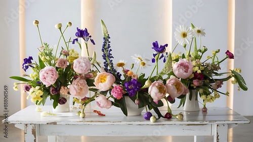 Modern summer flowers composition on rustic white table indoors creative floral image stylish peony lupin iris and daisy arrangement