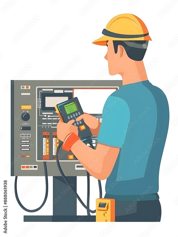 Electronics repair illustration a tester checking with a multimeter, isolated on white background, calibration, diagnostics, and maintenance of a computer in vector flat design style Electronics repair illustration a tester checking with a multimeter, isolated on white background, calibration, diagnostics, and maintenance of a computer in vector flat design style