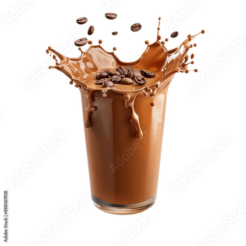 Splash of chocolate drink in a glass with beans isolated on white background