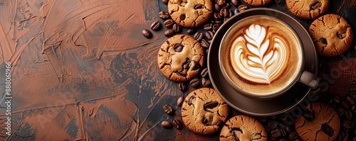 Cappuccino coffee with latte art and cookies on brown background banner