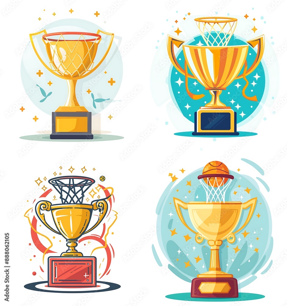 flat vector illustration of golden trophy cup with basketball hoop on the top, white background, simple shapes, simple design, flat color, vector art style, 2d logo, clean lines, no shading, flat vector illustration of golden trophy cup with basketball hoop on the top, white background, simple shapes, simple design, flat color, vector art style, 2d logo, clean lines, no shading,