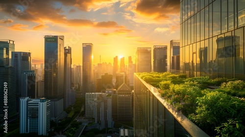 Serene Sunset Over Futuristic Skyscrapers and Lush Rooftop Landscapes