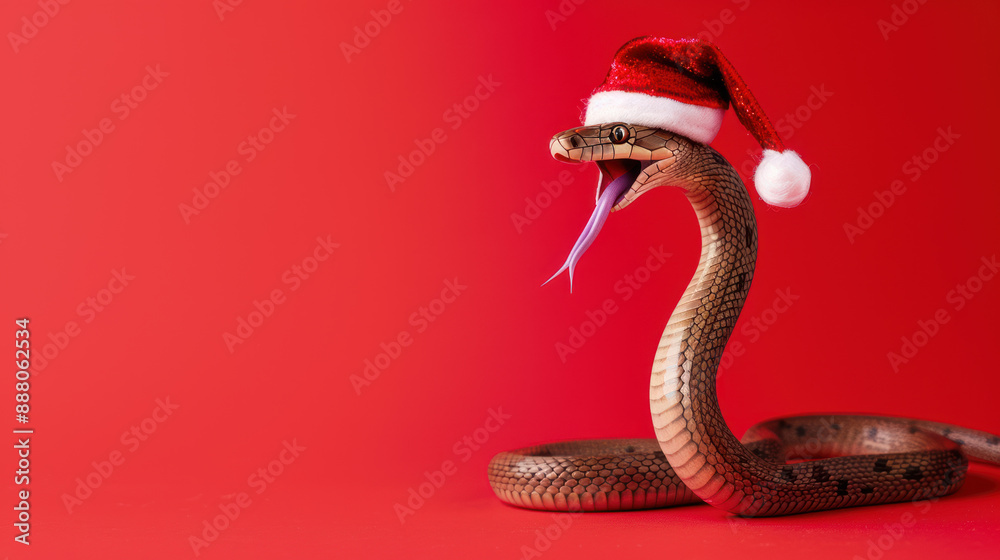 Fototapeta premium Snake with an open mouth wearing a Santa Claus hat on a red background. New Year 2025. Copy space.