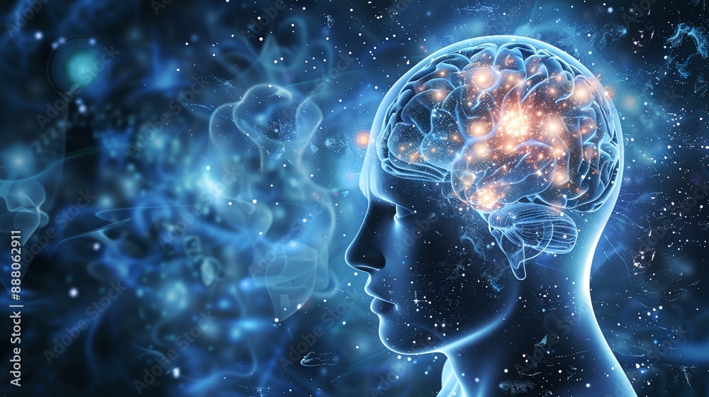 a man's head with a glowing brain a man's head with a glowing brain