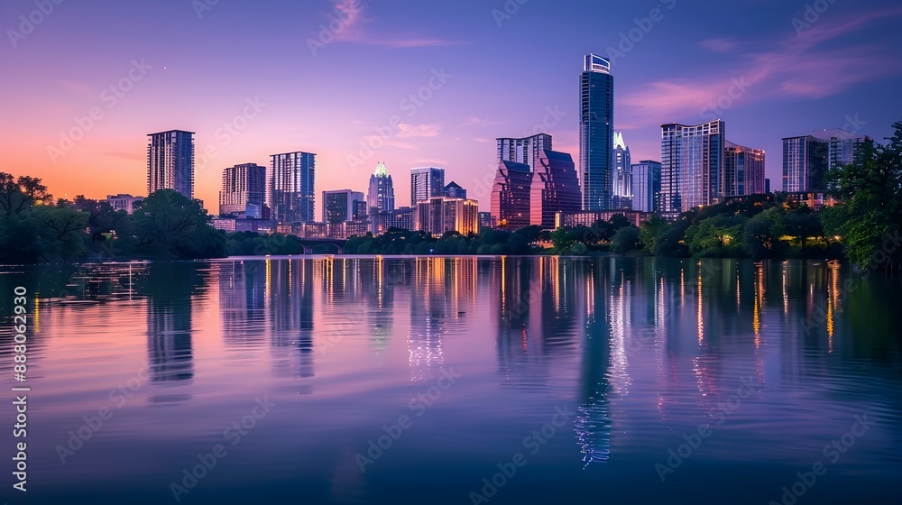Fototapeta premium Enchanting Cityscape Reflected in Tranquil Waters,Urban Waterfront Serenity