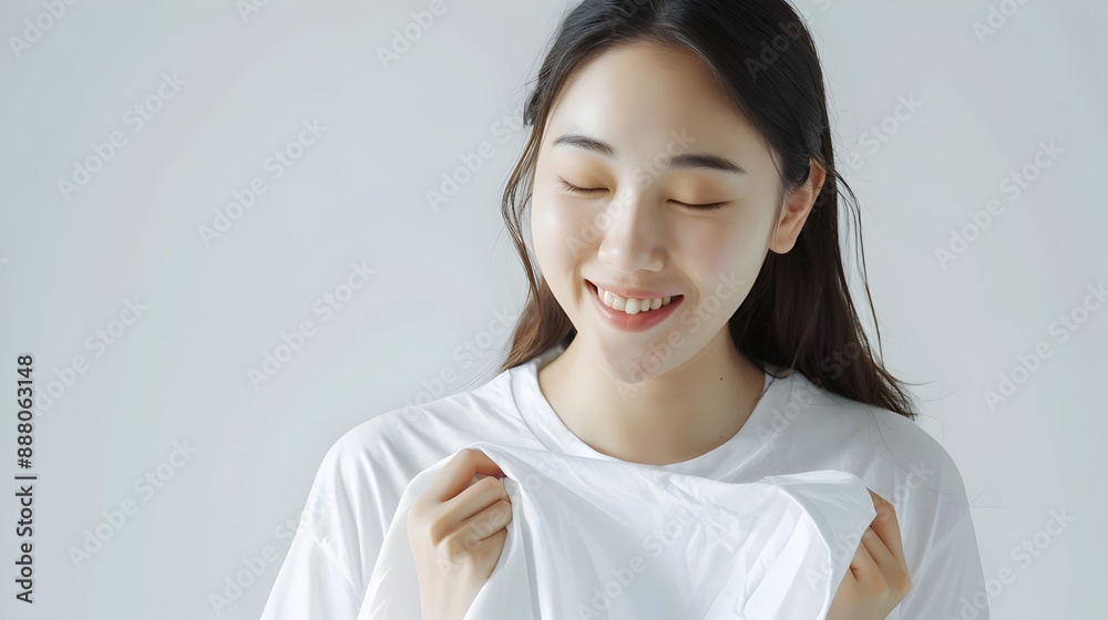 Bright and Fresh Asian Woman Smiling with White Cloth for Detergent Advertisement Bright and Fresh Asian Woman Smiling with White Cloth for Detergent Advertisement