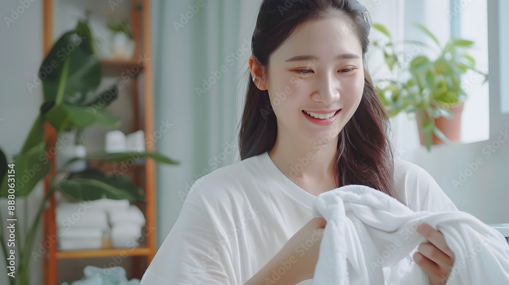 Cheerful Asian Woman Examining Fresh White Fabric for Detergent Advertisement Concept Cheerful Asian Woman Examining Fresh White Fabric for Detergent Advertisement Concept