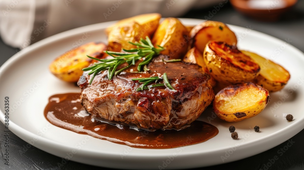Grilled steak with rosemary and roasted potatoes in rich brown sauce.. Grilled steak with rosemary and roasted potatoes in rich brown sauce..