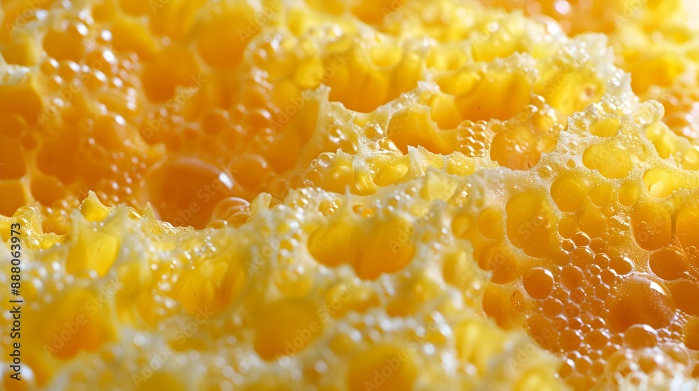 Detailed close-up texture of a yellow sponge, showcasing its porous and bubbly surface in a vivid macro shot Detailed close-up texture of a yellow sponge, showcasing its porous and bubbly surface in a vivid macro shot
