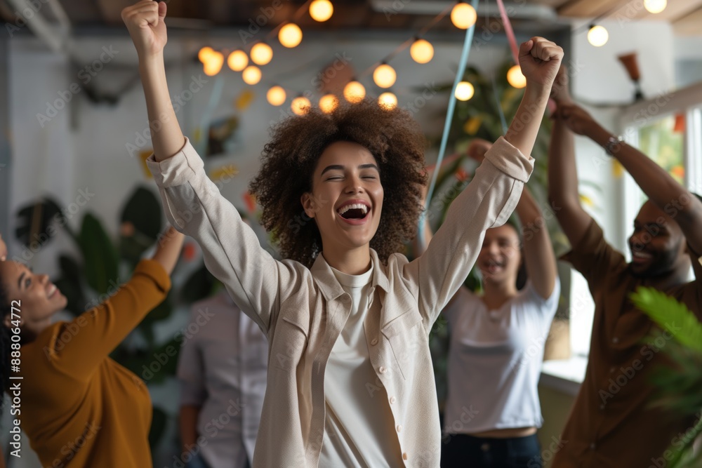 A group of friends happily celebrating in a modern and vibrant festive setting, sharing good vibes and positive energy. Womens Equality Day,celebrating a project milestone A group of friends happily celebrating in a modern and vibrant festive setting, sharing good vibes and positive energy. Womens Equality Day,celebrating a project milestone