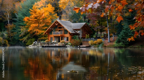 Fototapeta Naklejka Na Ścianę i Meble -  Log cabin by the lake in the woods, water reflections in fall, secluded lake house getaway