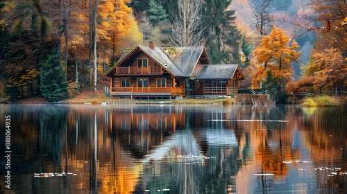 Fototapeta Naklejka Na Ścianę i Meble -  Log cabin by the lake in the woods, water reflections in fall, secluded lake house getaway