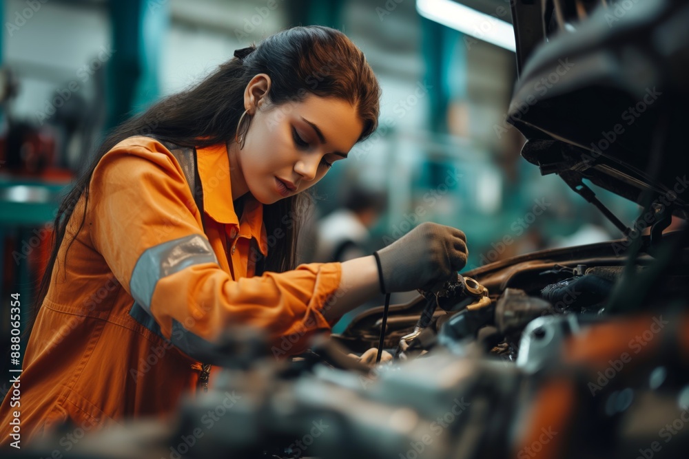A young female mechanic in an orange uniform is diligently carrying out engine repairs in an auto repair shop. Women's Equality Day, women and high tech,women on the work A young female mechanic in an orange uniform is diligently carrying out engine repairs in an auto repair shop. Women's Equality Day, women and high tech,women on the work