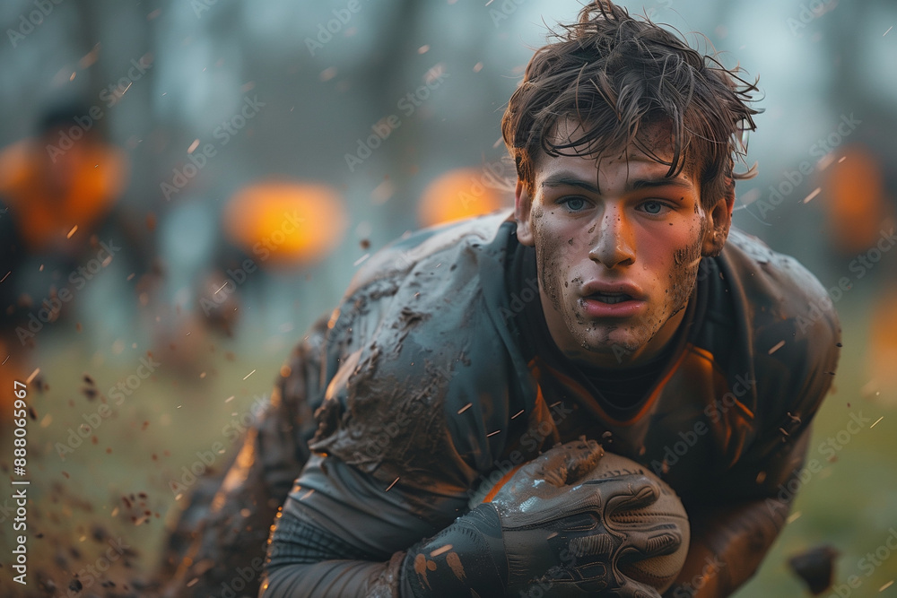 Fototapeta premium Male rubgy player catch the ball in dirt