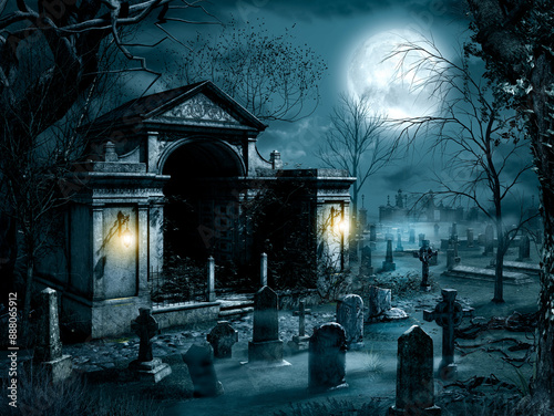 Entrance to a large haunted grave site, mausoleum, in a spooky gothic cemetery at full moon