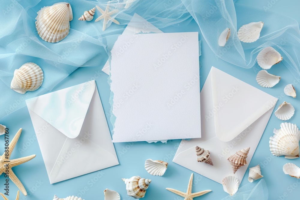 Seashell Decor with Blank Invitation Card and Envelopes