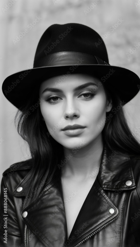 A black and white portrait that captures a woman with a strong fashion sense. The fedora hat she wears is a classic accessory often associated with vintage styles, while her leather jacket adds a mode A black and white portrait that captures a woman with a strong fashion sense. The fedora hat she wears is a classic accessory often associated with vintage styles, while her leather jacket adds a mode