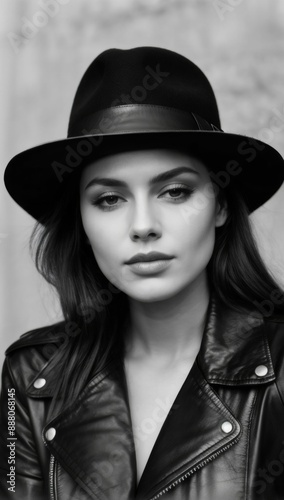 A black and white portrait that captures a woman with a strong fashion sense. The fedora hat she wears is a classic accessory often associated with vintage styles, while her leather jacket adds a mode