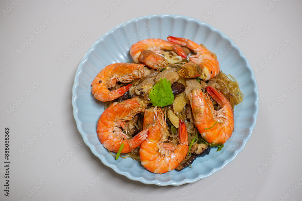 Baked Shrimp with Glass Noodles. Cuisine Thailand style on top view. Baked Shrimp with Glass Noodles. Cuisine Thailand style on top view.