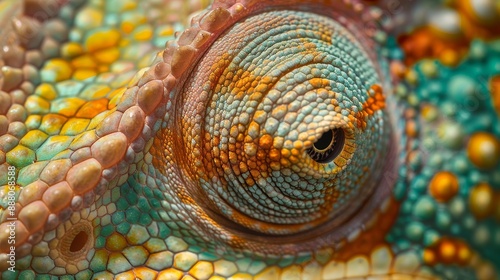 Hyper-Realistic Macro Shot of Chameleon's Color-Changing Skin with Chromatophores, Detailed Textures in Focus. © JackBoiler