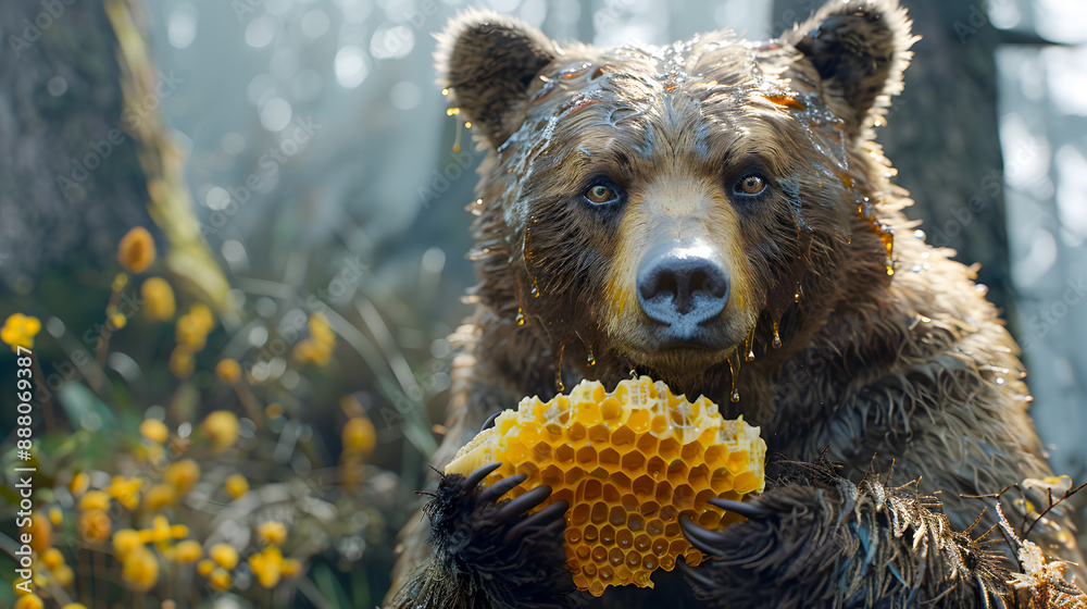 Obraz premium a bear holding a honeycomb