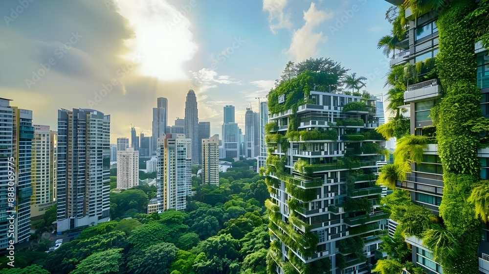 Obraz premium Thriving Urban Landscape with Lush Greenery and Modern Skyscrapers