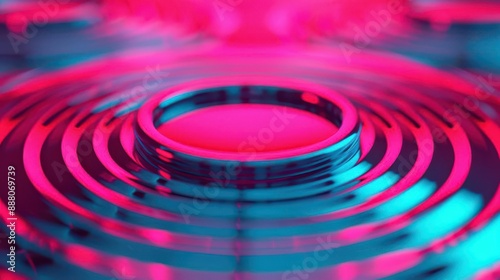 Abstract neon rings of vibrant pink and blue, creating a futuristic and mesmerizing visual effect with a reflective liquid surface.
