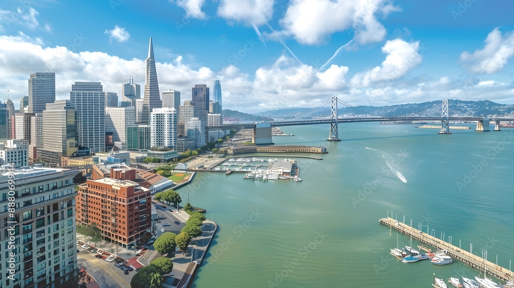 Naklejka premium Bustling Cityscape with Iconic Harbor Bridges and Waterfront Activity