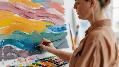 Artist painting abstract colorful artwork on canvas in studio, showcasing creativity and expression with vibrant colors and brushstrokes.