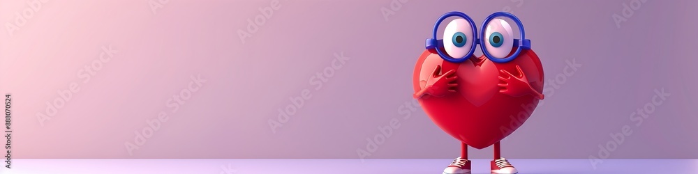 Fototapeta premium cute 3D red heart character with glasses, concept for social medai, social support, health care, medical help and cardiology, free space for text