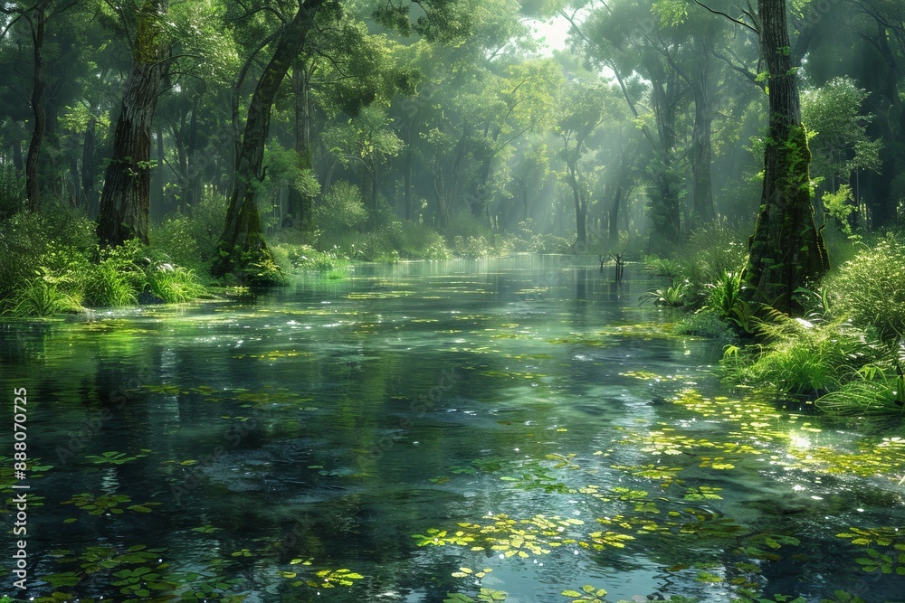 Obraz premium Fantasy land of tree forest swap illustration, nature water landscape of swamp.