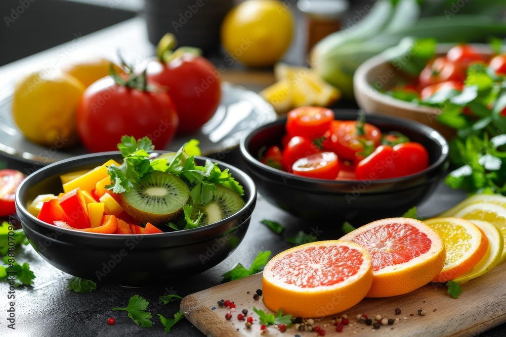 Sliced fruits and vegetables in bowls, ready for making salads or smoothies Sliced fruits and vegetables in bowls, ready for making salads or smoothies