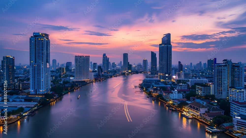 Fototapeta premium Serene cityscape at dusk with glowing lights reflecting on a calm river,picturesque urban beauty at