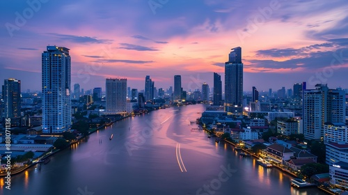 Serene cityscape at dusk with glowing lights reflecting on a calm river,picturesque urban beauty at