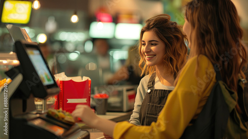 Fast food cashier serving cheerful customers photo