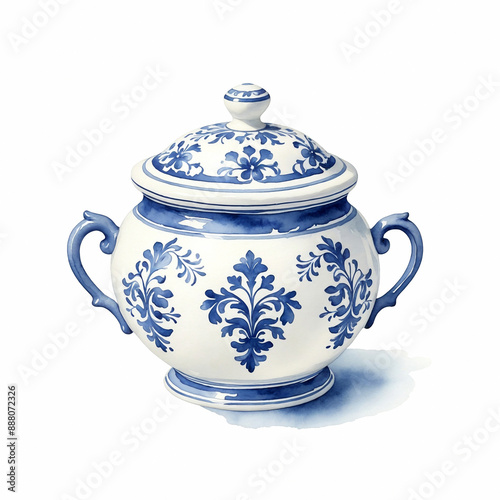 Blue and White Porcelain Sugar Bowl. Watercolor on white background photo