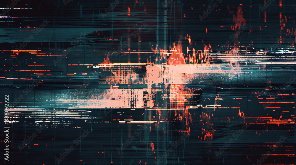 Fototapeta premium Screen damage. Digital glitch error. Colorful glow on teal blue background. Test Screen Glitch Texture. TV television