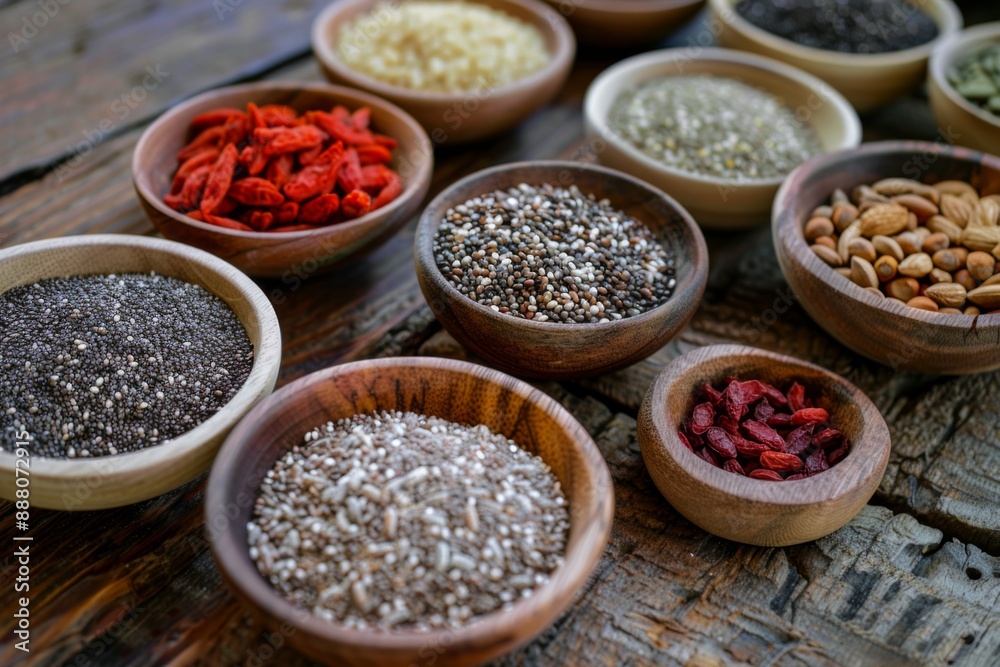 Assortment of superfoods in wooden bowls, including seeds and goji berries Assortment of superfoods in wooden bowls, including seeds and goji berries