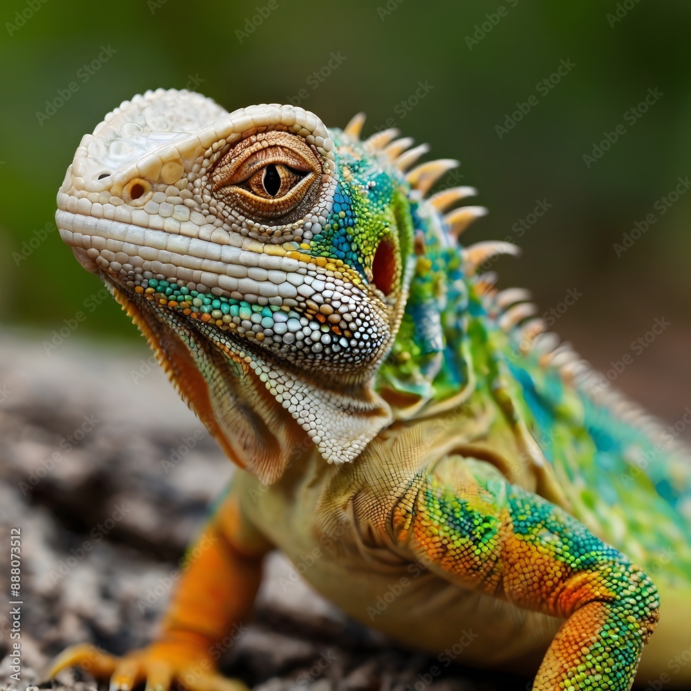 A close-up shot of a lizard's skin texture and eye with a blurred natural background 