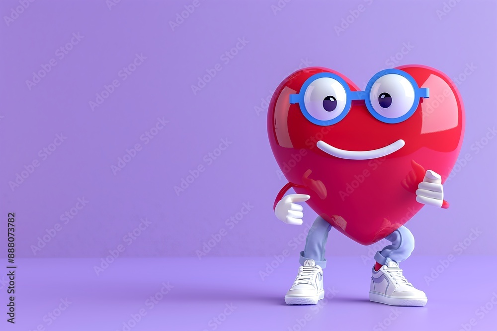Obraz premium cute 3D red heart character with glasses, concept for social medai, social support, health care, medical help and cardiology, free space for text