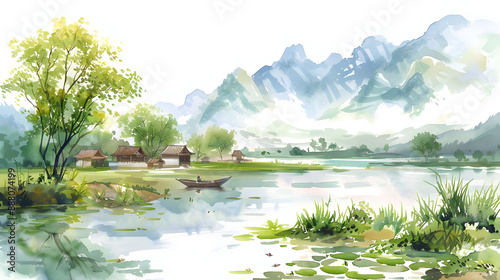 Watercolor landscape of Vietnam